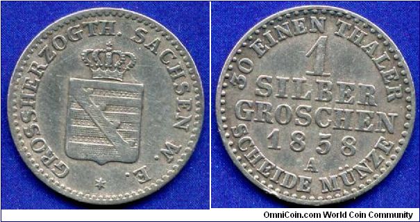 1 silber groschen.
Duchy of Sachsen-Weimar-Esenach.
Karl Alexander (1853-1901).
Mintage 300,000 units.


Ag220f. 2,19gr.