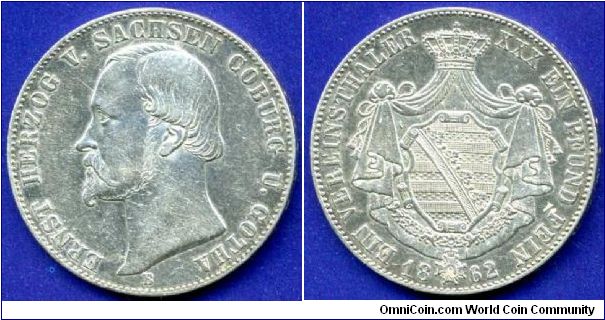 1 Vereinsthaler.
Duchy of Sachsen-Coburg-Gotha.
Ducke Ernst II (1844-1893).
Mintage 40,000 units.


Ag900f. 18,52gr.