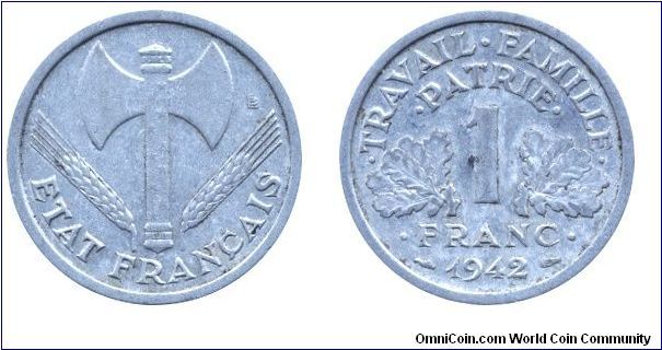 Vichy French State, 1 franc, 1942, Al.                                                                                                                                                                                                                                                                                                                                                                                                                                                                              