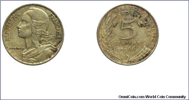 5th French Republic, 5 centimes, 1966, Al-Bronze.                                                                                                                                                                                                                                                                                                                                                                                                                                                                   
