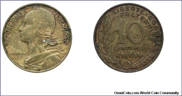 5th French Republic, 10 centimes, 1963, Al-Bronze.                                                                                                                                                                                                                                                                                                                                                                                                                                                                  