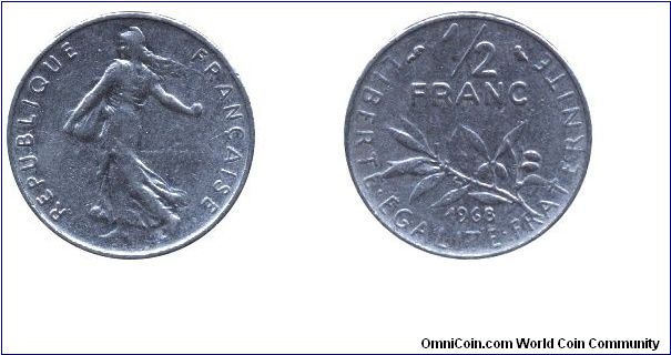 5th French Republic, 1/2 franc, 1968, Ni, Oil branch, Woman sowing.                                                                                                                                                                                                                                                                                                                                                                                                                                                 