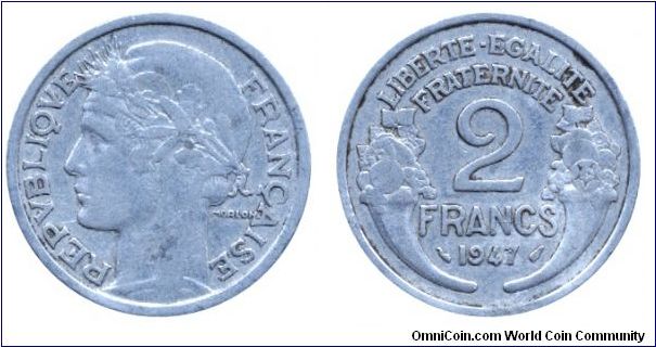 4th French Republic, 2 francs, 1947, Al.                                                                                                                                                                                                                                                                                                                                                                                                                                                                            