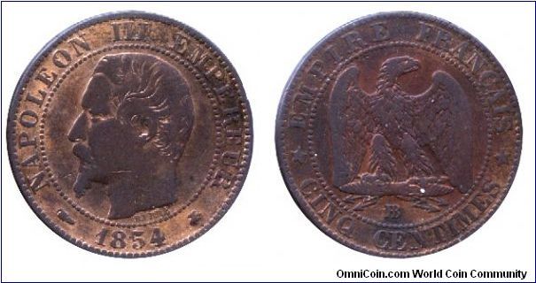 2nd French Empire, 5 centimes, Bronze, MM: BB, Emperor Napoleon III, Eagle.                                                                                                                                                                                                                                                                                                                                                                                                                                         