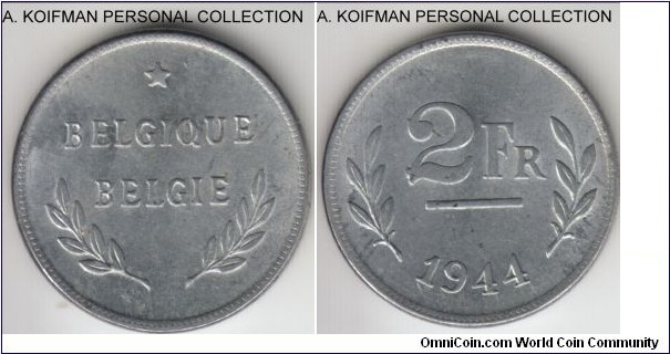 KM-133, 1944 Belgium 2 francs; zinc coated steel, plain edge; struck in the US on 1943 penny planchets, Allied occupation issue, uncirculated.
