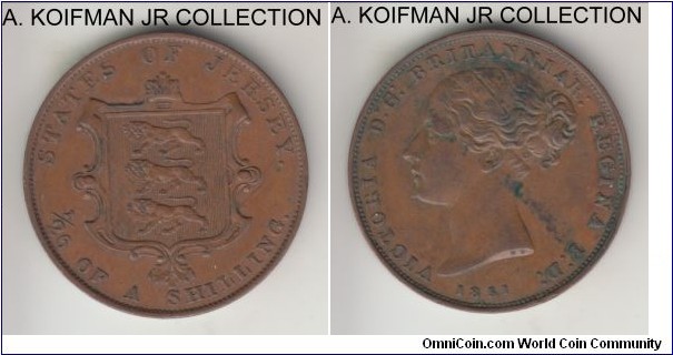 KM-2, 1851 Jersey 1/26'th of a shilling (half penny); copper, plain edge; Victoria, nice good very fine to almost extra fine specimen with some dirt, obverse stain and couple of small rim bumps, multiple re-cut letters and digits; coin is classified as 3C die variety by H.K. Fear.