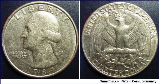US 1989 quarter, mintmark D. Found it circulating in Australia.