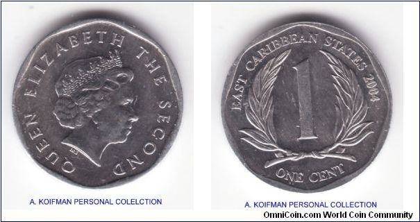2004 East Caribbean States cent; aluminum, plain edge, round although both sides have unusual octogonal inner space making it look as if the edgee is also octagonal, mature portrate of Queen Elizabeth, about uncirculated