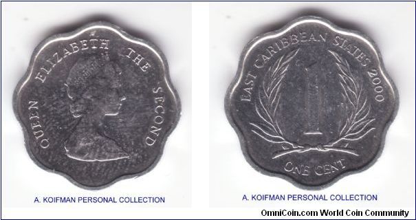 KM-10, 2000 East Caribbean States cent; aluminum, scalloped edge, younger portrait of QEII, about uncirculated