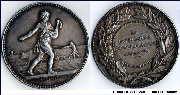 Silver jeton issued for Le Patrimoine, a French Life Insurance company. obverse by Lagrange, reverse by Dubois.