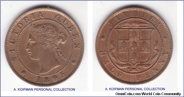 KM-16, 1895 Jamaica half penny; copper nickel, plain edge; nice looks extra fine