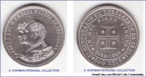 KM-538, 1898 Portugal 500 reis; silver, reeded edge; commemorative 500 years of discovery of India, condition wise it is very bright and I cannot certainly determine if it is one of those that Krause lists as proof like (but with some wear, mostly bagmarks) or if this is a cleaned specimen.