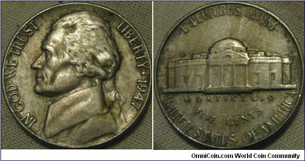 1947 EF grade 5 cents, metal mix error and weak strike on reverse, but obverse is well struck