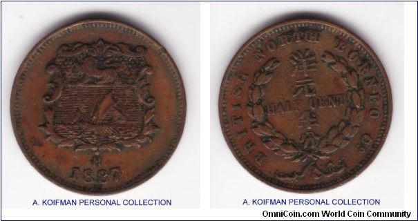 KM-1, 1887 British North Borneo half cent, Heaton mint (H mintmark); bronze, plain edge; It is good fine to about very fine, maybe even better because rims are very good, little wear, no major nicks or bumps