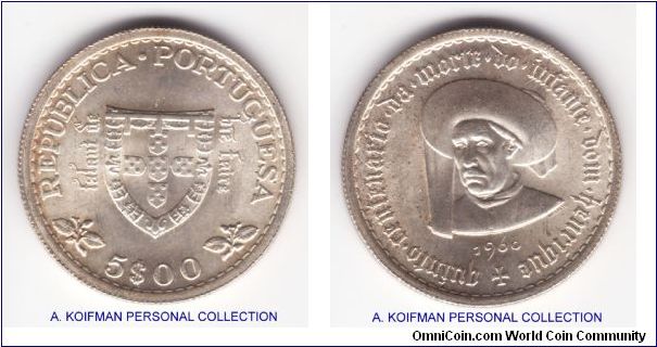 KM-587, 1960 Portugal 5 escudos; silver, reeded edge; commemorative 500 years of the death of Prince Henry the Navigator, nice average uncirculated, some minor spotting on reverse
