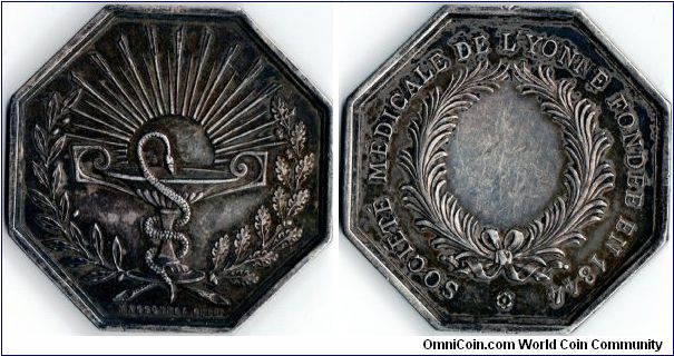 Scarcer silver jeton issued for the 'Societe Medicale de L'Yonne' in 1844. Uncommon in silver.