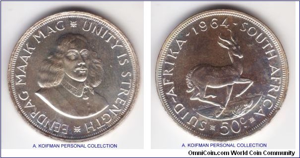KM-62, 1964 South Africa (Republic) 50 cents, proof or proof like; silver, reeded edge; nice one, probably a proof like or what South Africa mint calls Special Select (SS) as rims are not wire sharp which is typical of the proof mintage, mintage 25,000, few toning spots on the peripherals.