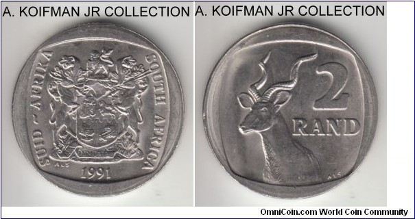 KM-139, 1991 South Africa 2 rands; nickel clad copper, segment reeded edge; average uncirculated.