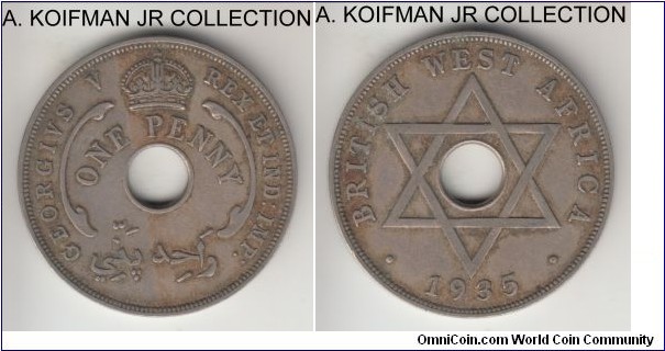KM-9, 1935 British West Africa penny; copper nickel, plain edge; George V, good very fine or so, patry toe, as common for the type.