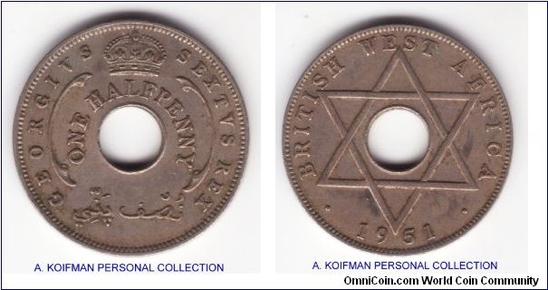 KM-27, 1951 
British West Africa half penny; copper nickel, plain edge; extra fine