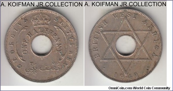 KM-27, 1949 British West Africa half penny, Heaton mint (H mintmark); copper nickel, plain edge; George VI, extra fine or so, not cleaned.