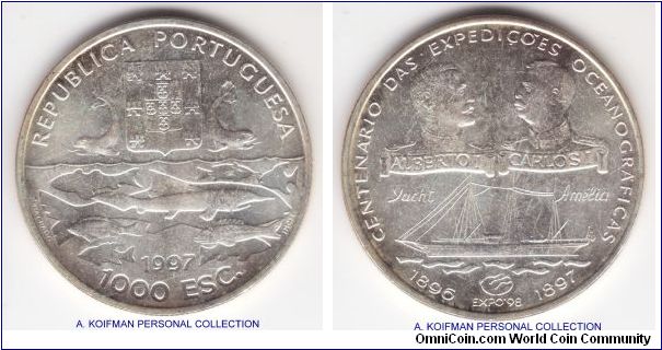 KM-695, 1997 Portugal 1000 escudos; silver, reeded edge; commemorative issue