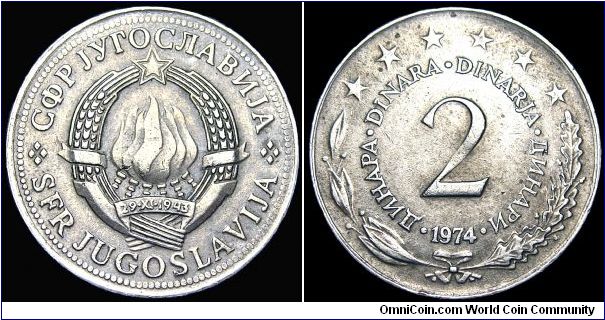 Yugoslavia - 2 Dinara - 1974 - Weight 4,9 gr - Copper / Nickel / Zink - Size 24,5 mm - President / Josip Broz Tito - Mintage 10 989 000 - Edge : Milled - Reference KM# 57 ( 1971-1981 )