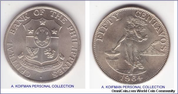 KM-190, 1964 Philippines 50 centavos; copper-zinc-nickel, reeded edge; uncirculated