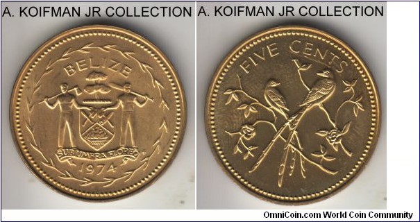 KM-39, 1974 Belize 5 cents, Franklin mint (FM mint mark); matte finish, nickel-brass, plain edge; from one of the mint sets, uncirculated but for slight handling marks on reverse, mintage 50,000.