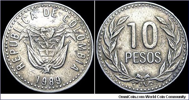Colombia - 10 Pesos - 1989 - Weight 3,3 gr - Copper / Nickel / Zink - Size 18,75 mm - President / Virgilio Barco 1986-90 - Edge : Reeded - Reference KM# 281.1 (1989-94)