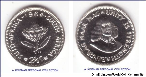 KM-58, 1964 South Africa (Republic) 2 1/2 cents in proof; silver, plain edge; this small coin was an equivalent of three pence during  transitional policy of moving from the pound to decimal monetary standard, only minted for 4 years (1961 through 1964), these are most affordable in 1961 where over 200,000 were minted and in 2064 where regular mintage was small but proof is abundant at 16,000 units, sparkling perfect proof, nice to look at