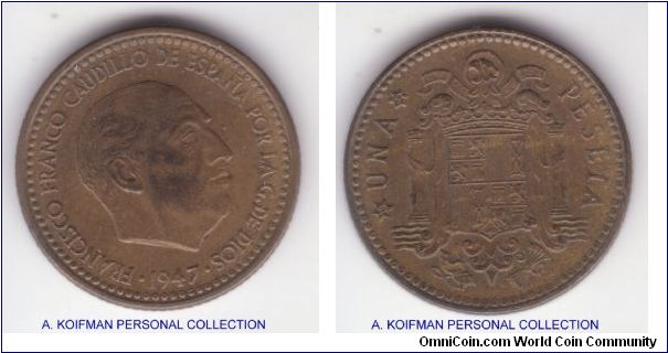 KM-775, 1947(52) Spain (Kingdom)peseta; aluminium bronze, plain edge; good extra fine