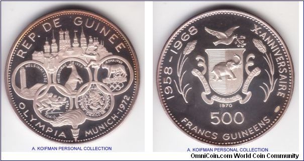KM-15, 1970 Guinea 500 francs; proof, silver, reeded edge; commemorative 1972 Munich Olympic games, mintage 1,900