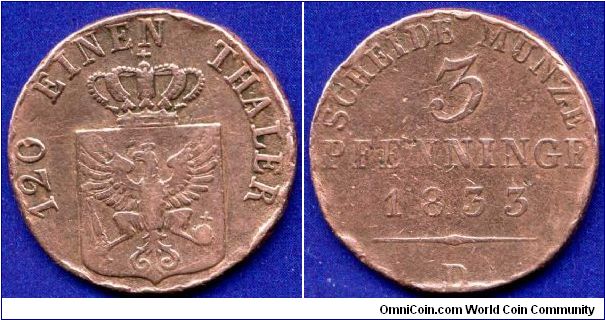 3 pfenninge.
Kingdom of Prussia.
Friedrich Wilhelm III (1797-1840).
'D' mintmark.


Cu.