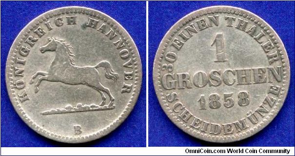 1 groschen.
Kingdom of Hannover.
King George V (1851-1866).
'B' - Hannover mint.


Ag220f. 2,19gr.