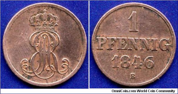 1 pfennig.
Kingdom of Hannover.
'B'- Hannover mint.


Cu.