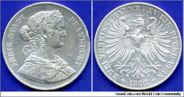 Doppelthaler (Double Vereinsthaler).
Free City Frankfurt.
Mintage 637,000 units.


Ag900f. 37,04gr.