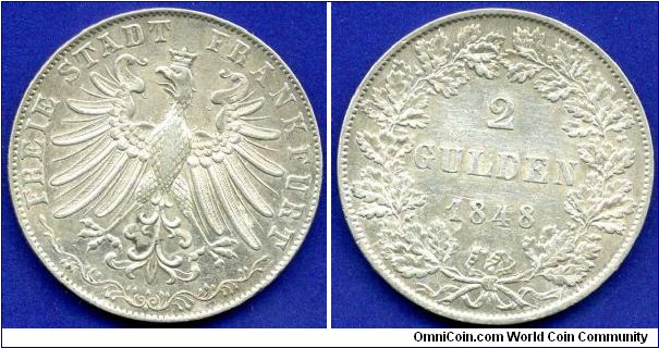 Doppelgulden (2 Gulden).
Free City Frankfurt.
Mintage 147,000 units.


Ag900f. 21,21gr.