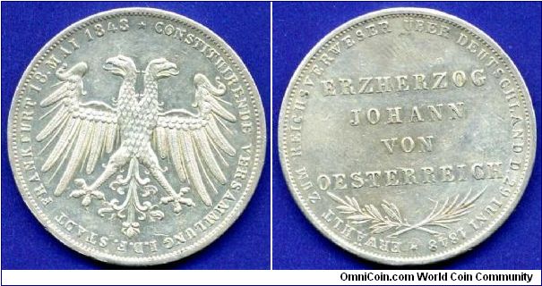 Doppelgulden (2 Gulden).
Free City Frankfurt.
*ARCHDUKE JOHANN OF AUSTRIA ELECTED AS VICAR*.
Mintage 36,000 units.


Ag900f. 21,21gr.