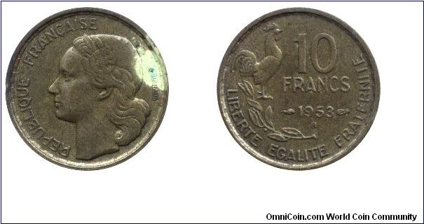 4th French Republic, 10 francs, 1953, Al-Bronze, 20mm, 3.04g, MM: B, Cock.                                                                                                                                                                                                                                                                                                                                                                                                                                          