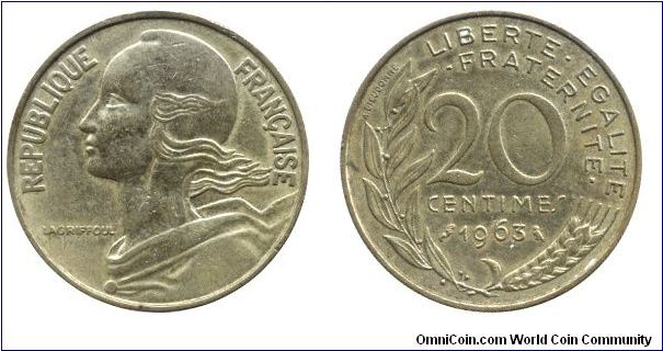 Fifth French Republic, 20 centimes, 1963, Al-Bronze, 23.50mm, 4g.                                                                                                                                                                                                                                                                                                                                                                                                                                                   