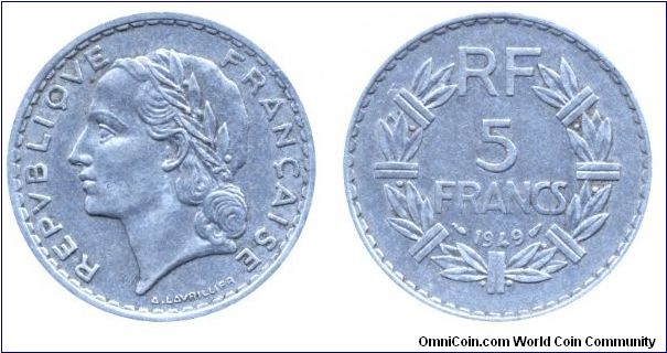 4th Frenc Republic, 5 francs, 1949, Al, 31mm, 3.5g.                                                                                                                                                                                                                                                                                                                                                                                                                                                                 