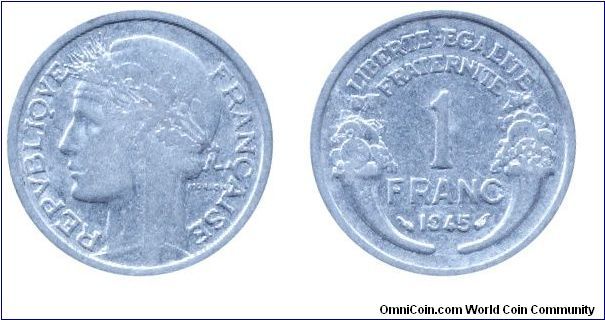 French Provisional Government, 1 franc, 1945, Al, 23mm, 1.3g.                                                                                                                                                                                                                                                                                                                                                                                                                                                       