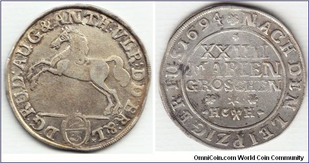 1694 BRUNSWICK-WOLFENBUTTEL 2/3 THALER LEAPING HORSE LEFT