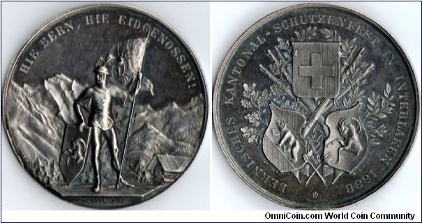 silver swiss shooting medal dated 1888  and issued for the cantonal shooting festival at Interlaken that year. Engraved by Hugues Bovy