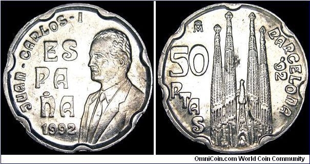 Spain - 50 Pesetas - 1992 - Weight 5,5 gr - Copper / Nickel - Size 20,3 mm - Regent / Juan Carlos I - Subject / Olympics 1992 - Reverse / Cathedral Sagrada Famillia (Gaudi) -Mintage 40 370 000 (inc KM# 906) - Edge : Notched - Reference KM# 907 (1992)