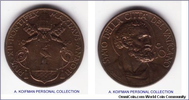 KM-23, 1940 Vatican /II year of Pius XII 10 centesimi; aluminum bronze, plain edge; nice uncirculated, mintage 81,000.
