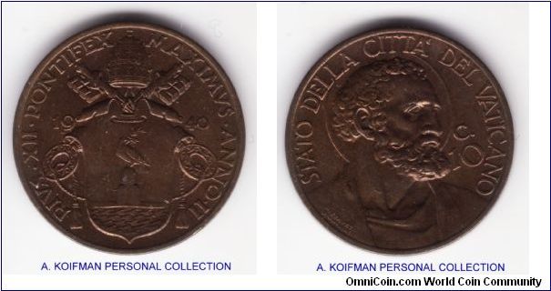 KM-23, 1940 Vatican /II year of Pius XII 10 centesimi; aluminum bronze, plain edge; nice uncirculated, mintage 81,000.