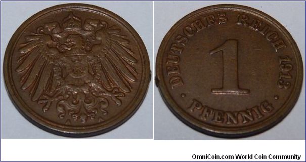 1 Pfennig 1913-A (some original red remaining)