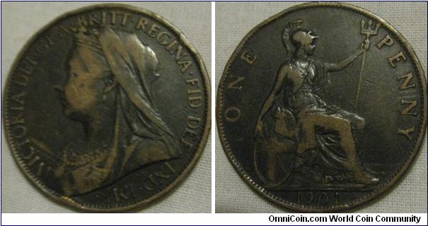 1901 penny, aVF grade, few knocks though